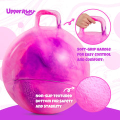 Upper Rider hopper ball features textured grip handle for secure bouncing.