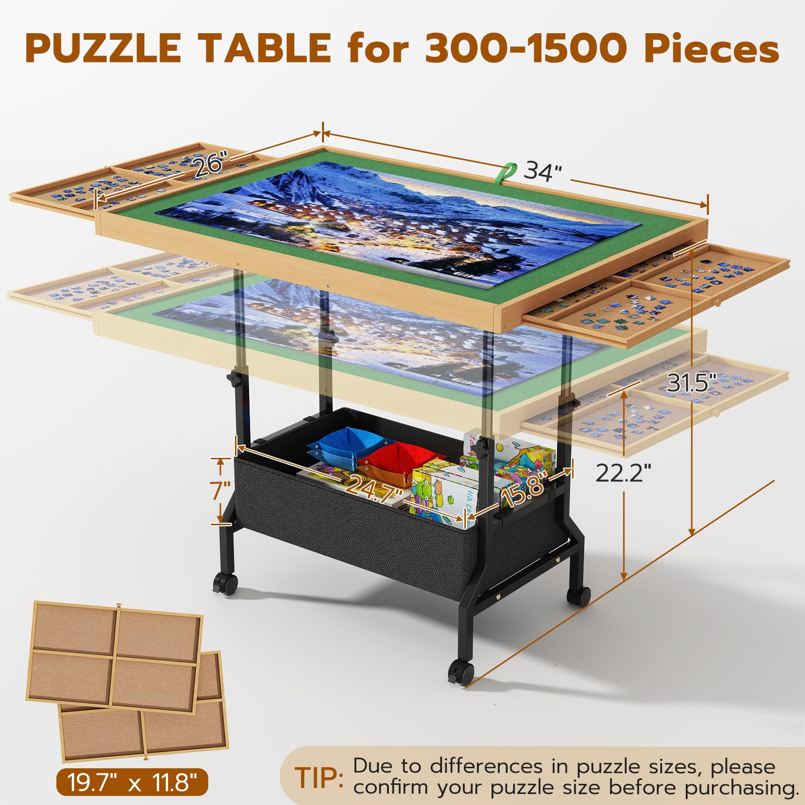 Upvercy adjustable-height puzzle table supports sitting or standing puzzles.