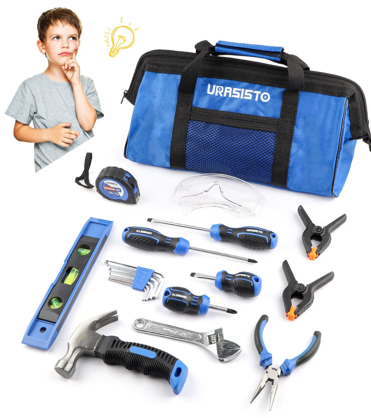 URASISTO 18-piece kids tool set in a bag for organized storage.