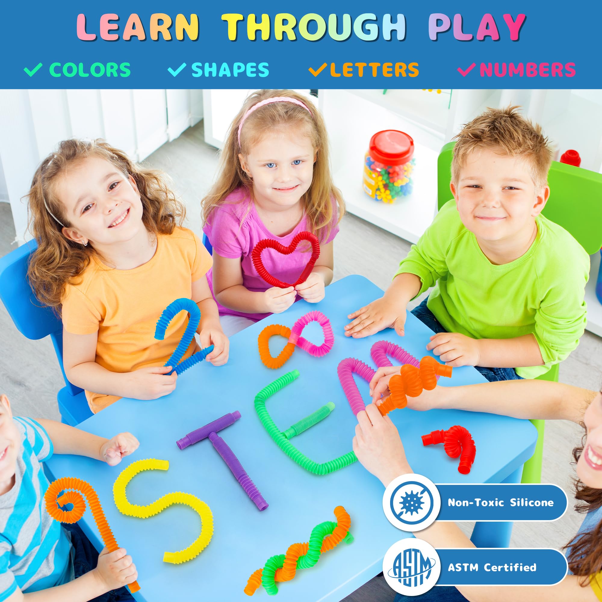 UrChoice Pop Tubes linked into shapes emphasize imaginative play and tactile stimulation.