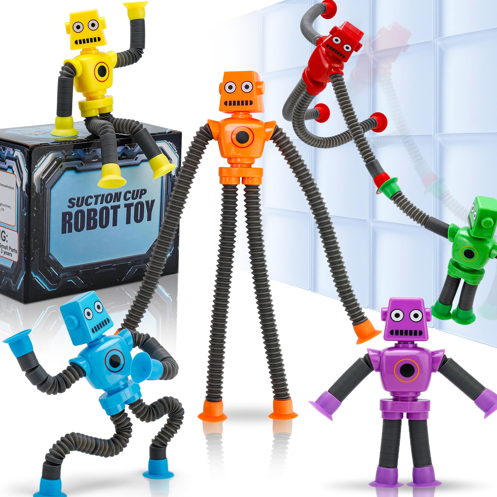 UrChoice robot suction cup tubes showcase six colorful robots for surface play.