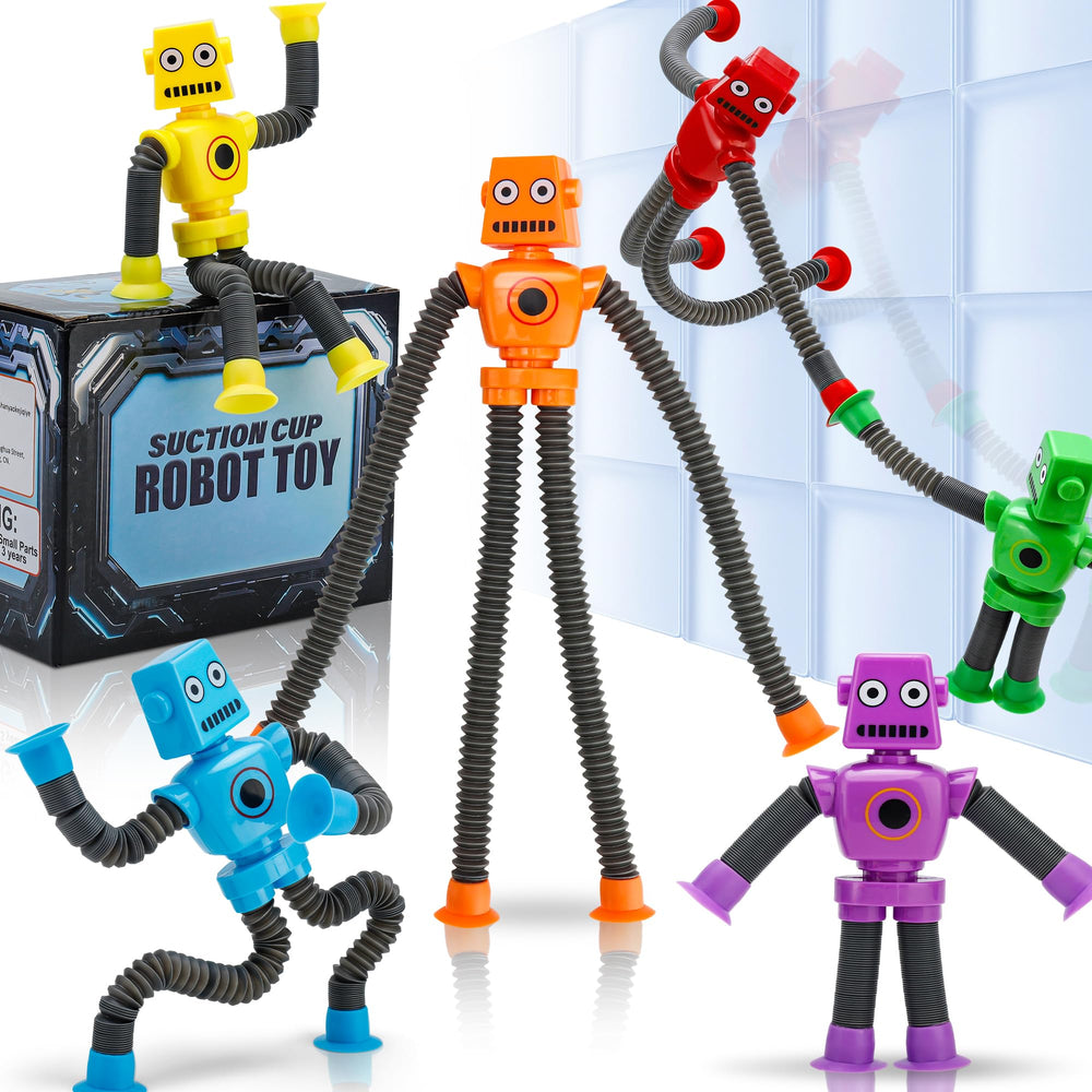 UrChoice robot suction cup tubes showcase six colorful robots for surface play.
