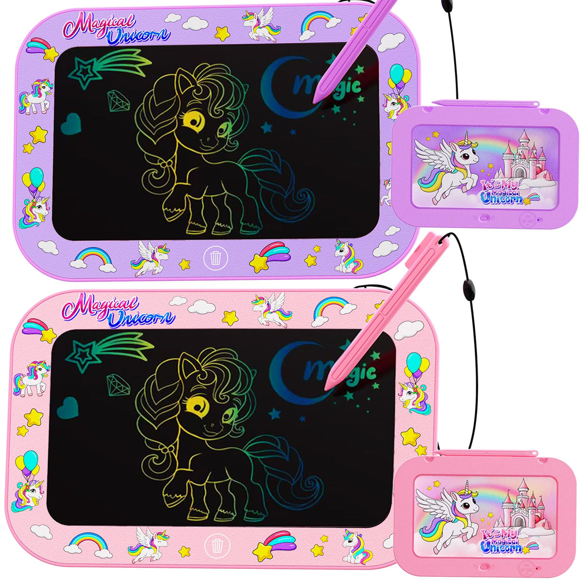 Urcoobela 2-pack LCD tablets shown with unicorn theme for colorful doodling on a 10-inch screen