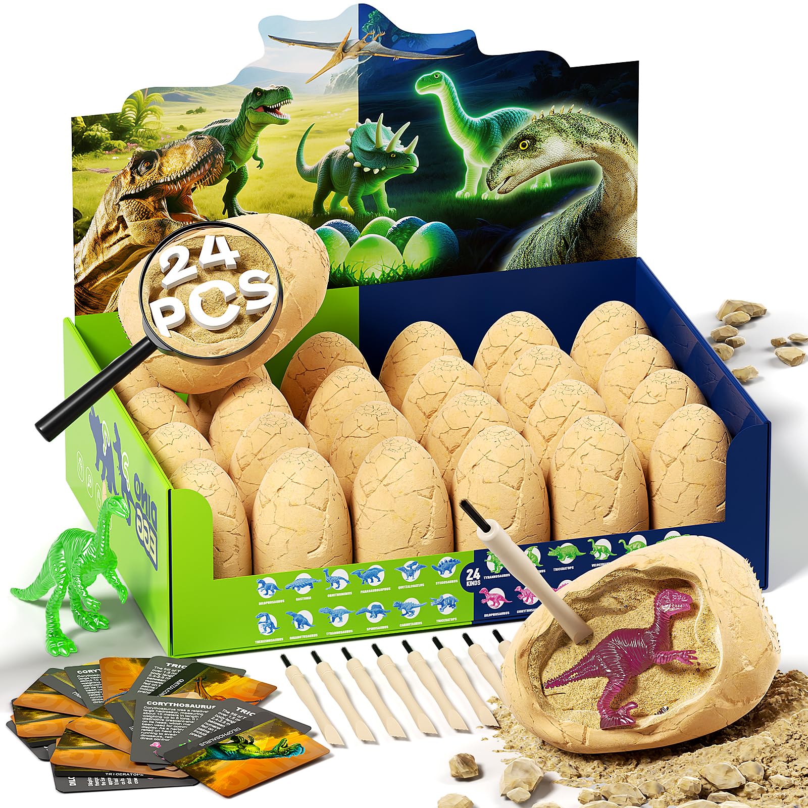 Uregoio 24 Glow-in-the-Dark Dinosaur Eggs pack glows after light exposure for night-time exploration.