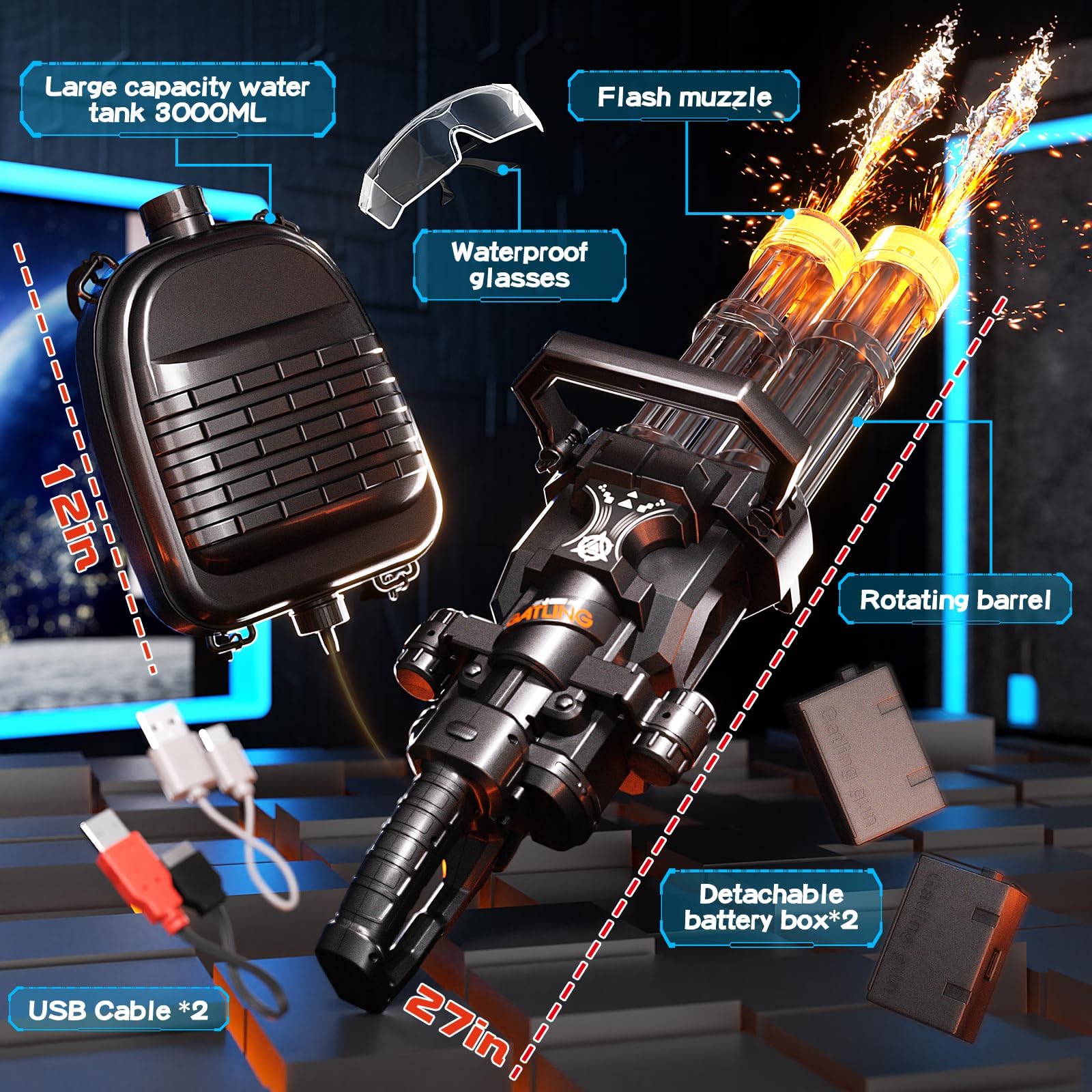 Uregoio Gatling water gun ideal for outdoor battles at beach or pool.