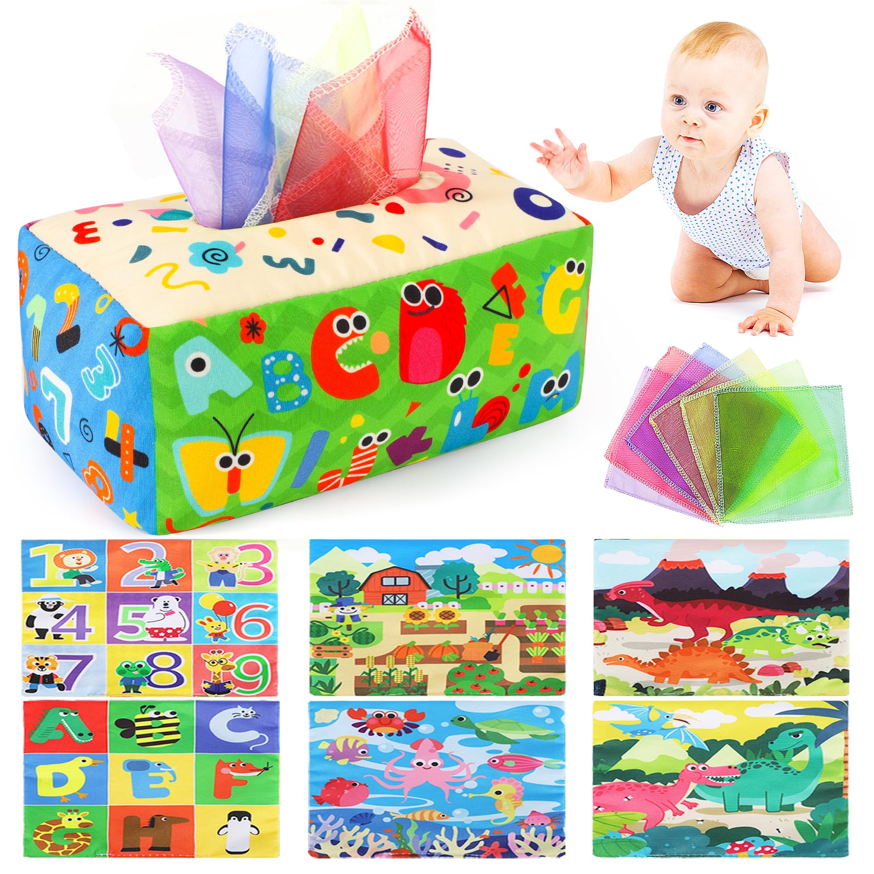 URMYWO baby tissue box toy pull-tissues promotes fine motor skills during play.