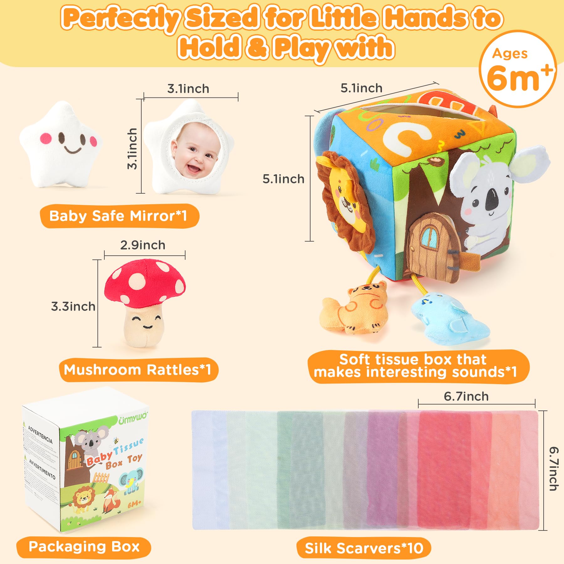 URMYWO Rainbow silk scarves promote visual tracking and grasping skills during play.
