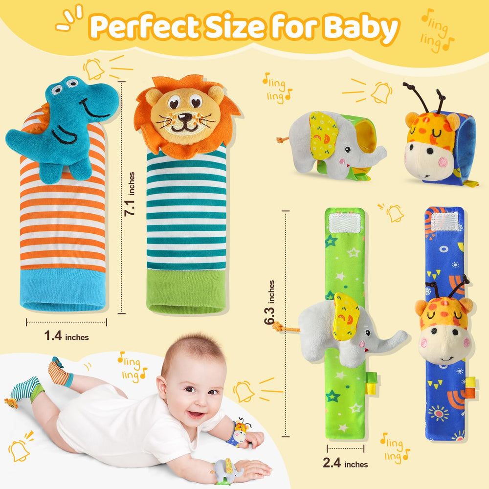 URMYWO sock rattle with animal plush encourages foot movement and sensory play.