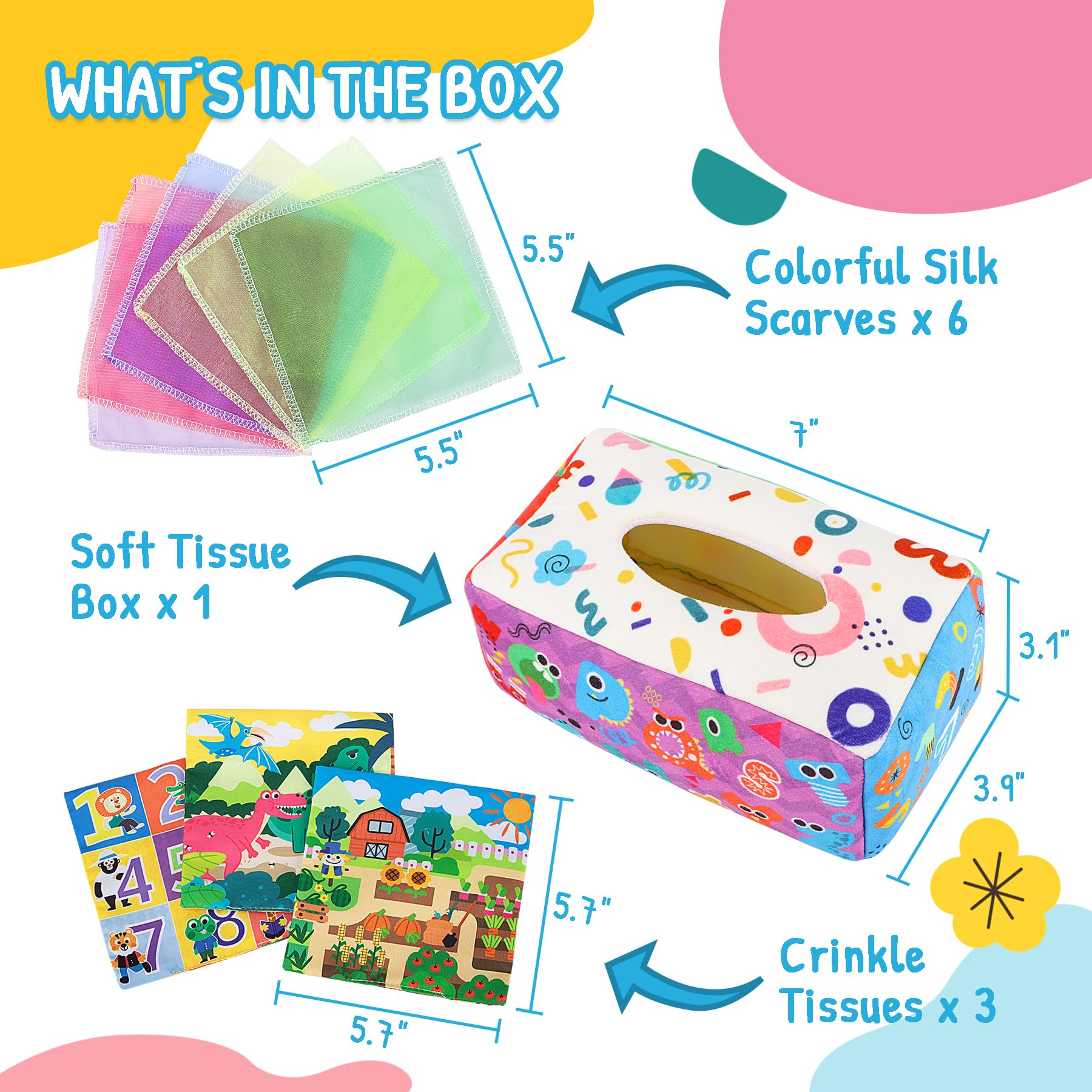 URMYWO soft silk scarves and tissue box offer gentle, safe tactile play.