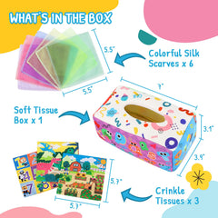 URMYWO soft silk scarves and tissue box offer gentle, safe tactile play.