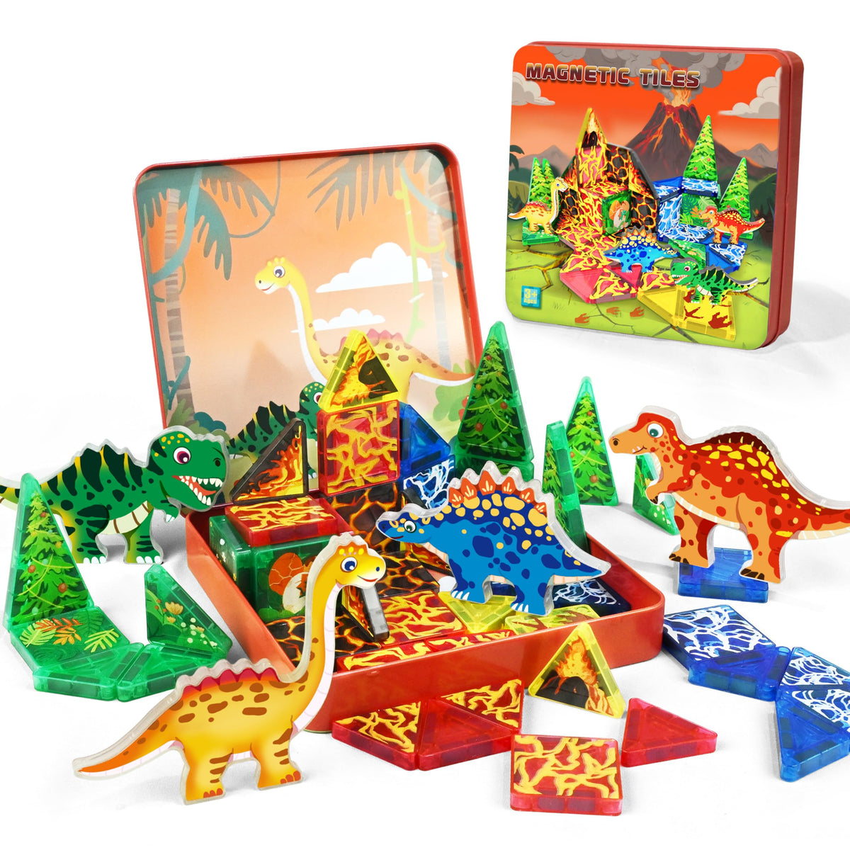 URRLUNA 48-piece dinosaur magnetic tiles travel set in a case for portable play.