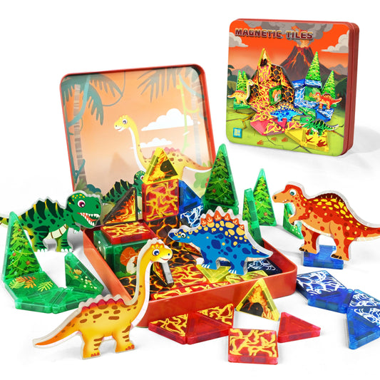 URRLUNA 48-piece dinosaur magnetic tiles travel set in a case for portable play.