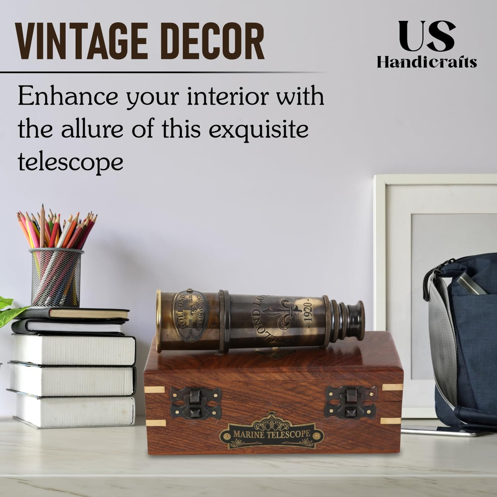 US HANDICRAFTS brass spyglass shown as a decor display piece.