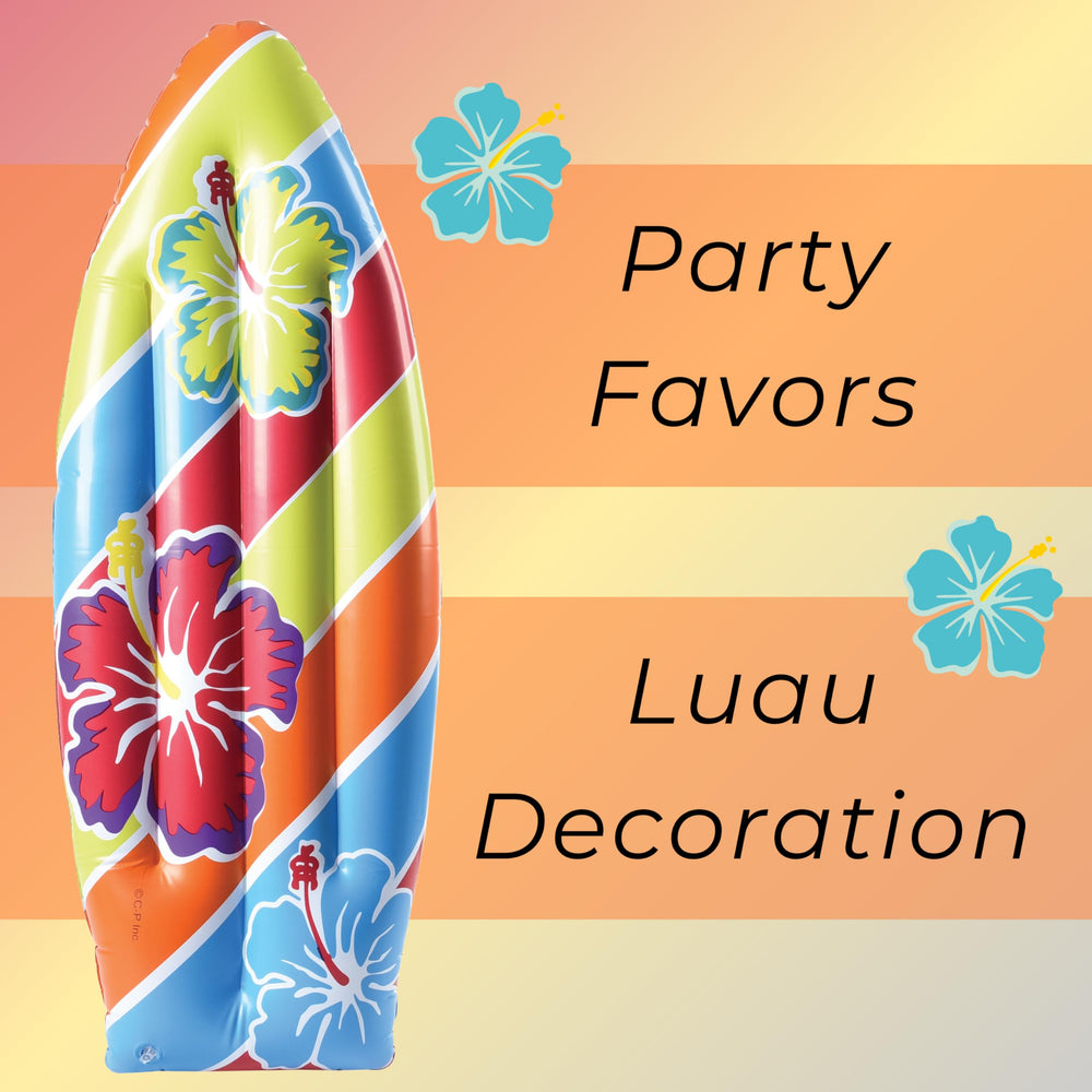 US Toy luau surfboard decor on a beach party setup, adding tropical color.