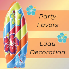 US Toy luau surfboard decor on a beach party setup, adding tropical color.