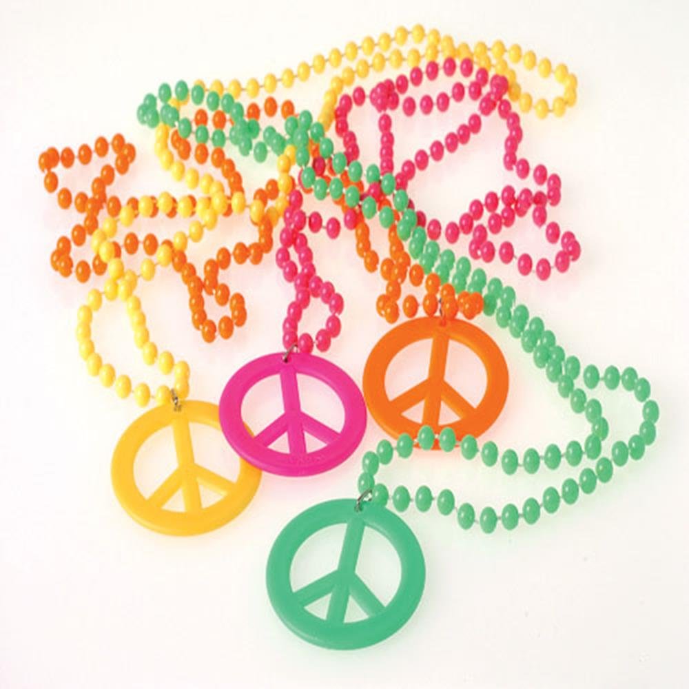 U. S. Toy Peace Sign Necklaces in colorful 18-inch length, ideal for retro costumes and party favors.