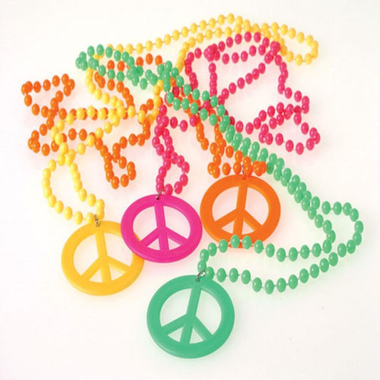 U. S. Toy Peace Sign Necklaces in colorful 18-inch length, ideal for retro costumes and party favors.