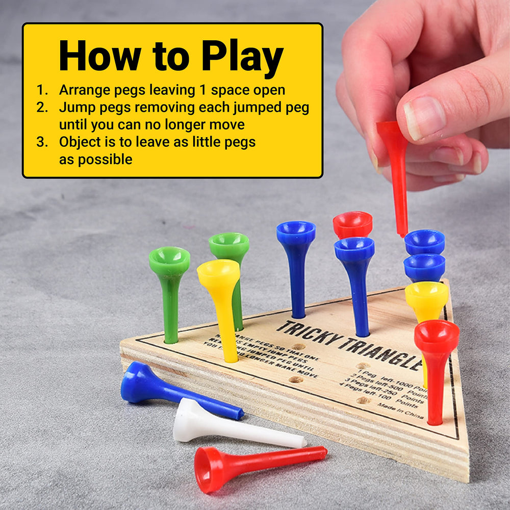 U.S. Toy Tricky Triangle Game colorful pegs add tactile appeal for smart travel challenges.