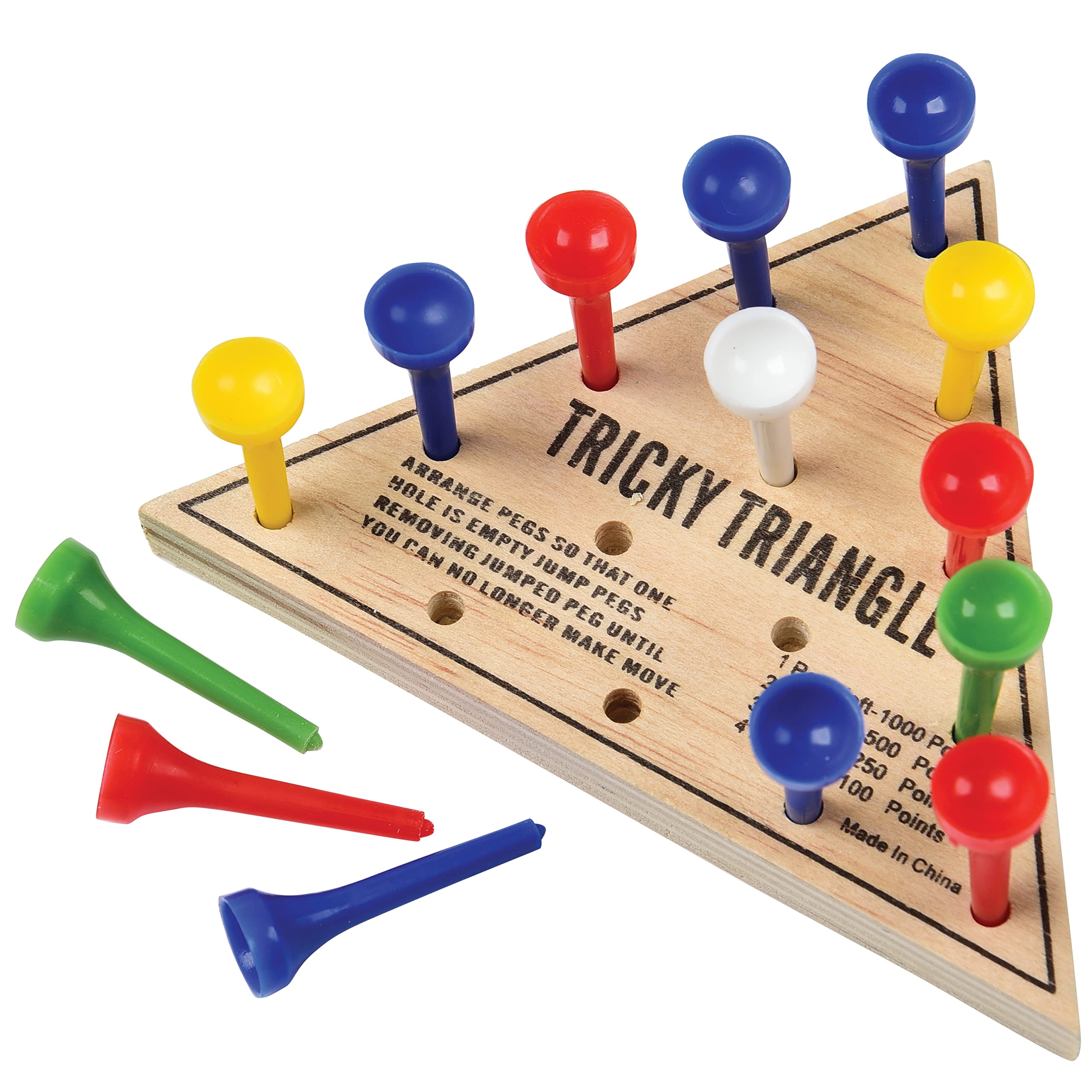 U.S. Toy Tricky Triangle Game travel setup with wooden board and pegs for on-the-go play.
