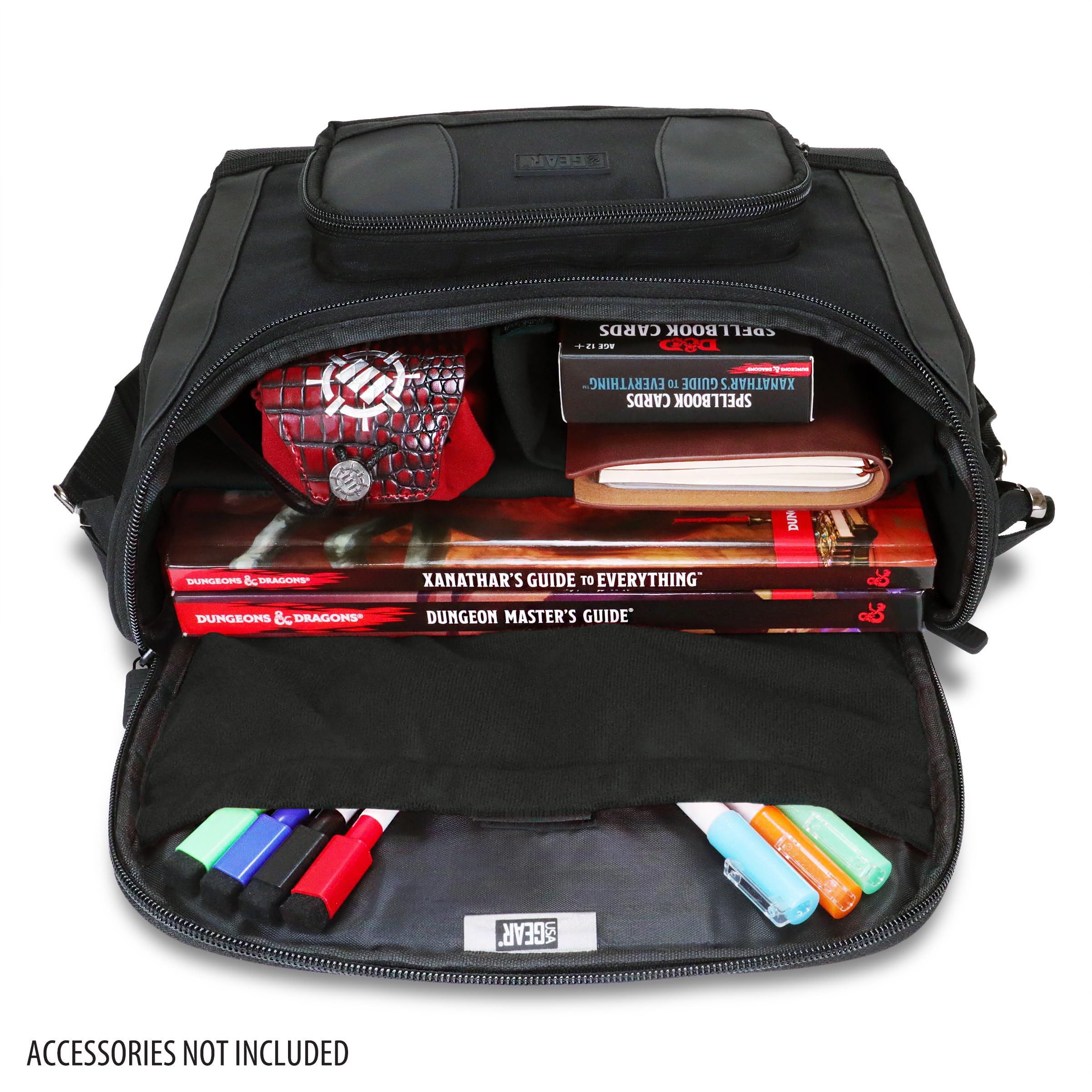 USA Gear compact bag exterior pocket for quick access to dice and pencils