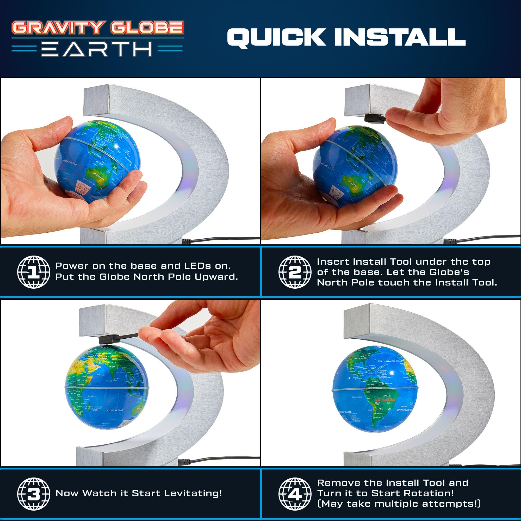 USA Toyz Gravity Globe Earth LEDs cycle colors for ambient mood lighting