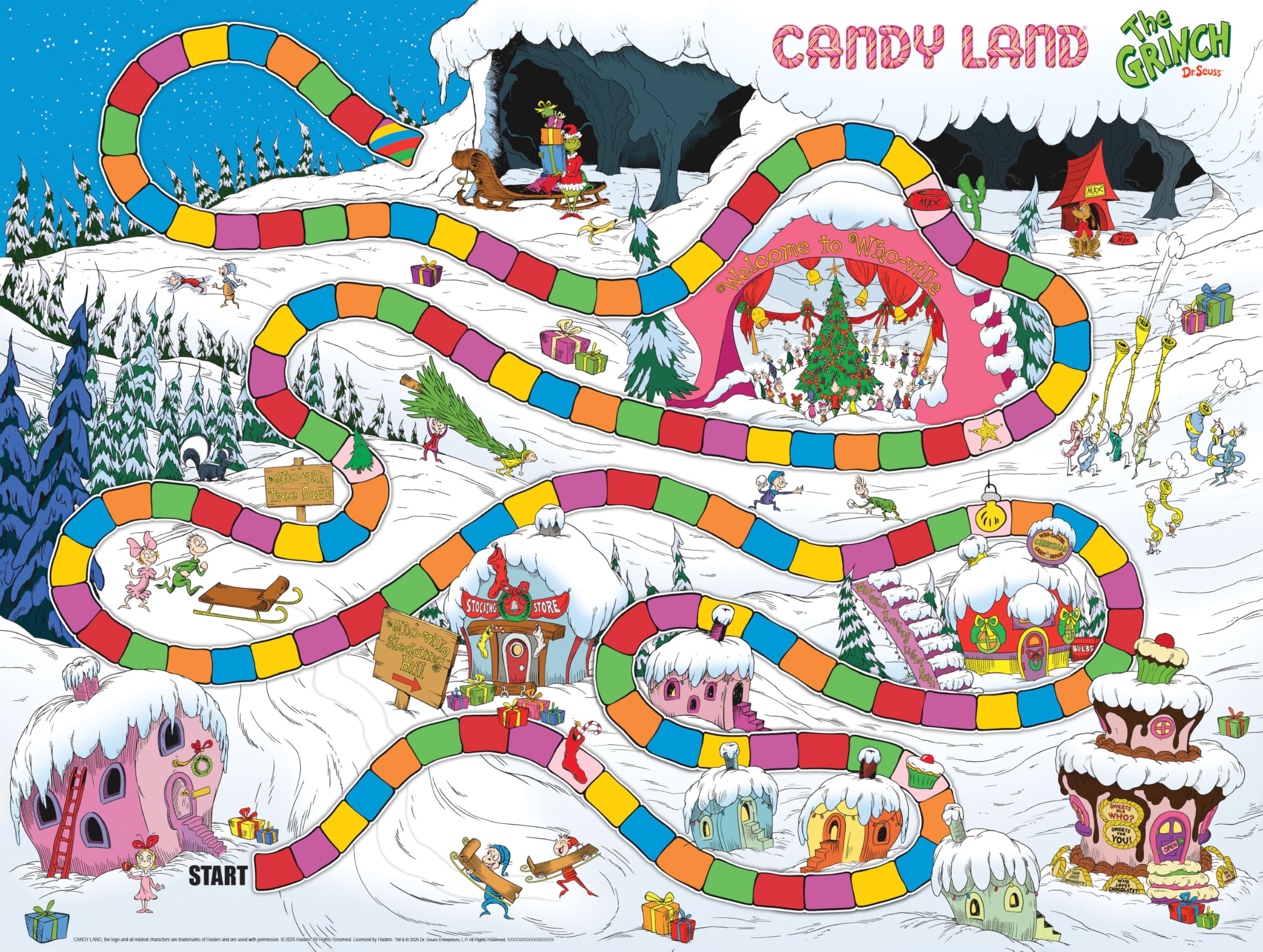 USAOPOLY Candy Land Grinch card deck enables colorful turns.