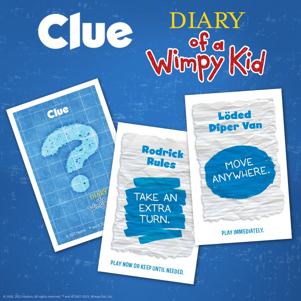 USAOPOLY Clue Diary of a Wimpy Kid location clue cards point to Manny’s path