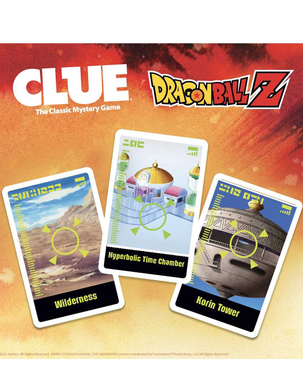 USAOPOLY Dragon Ball Z Clue clue cards revealing possible solutions