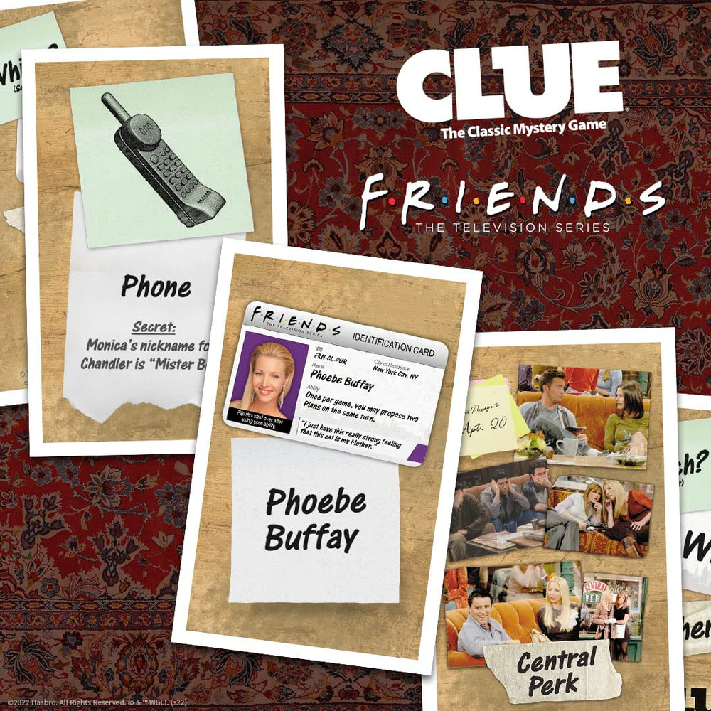 USAOPOLY CLUE Friends envelope and setup for mystery reveals.