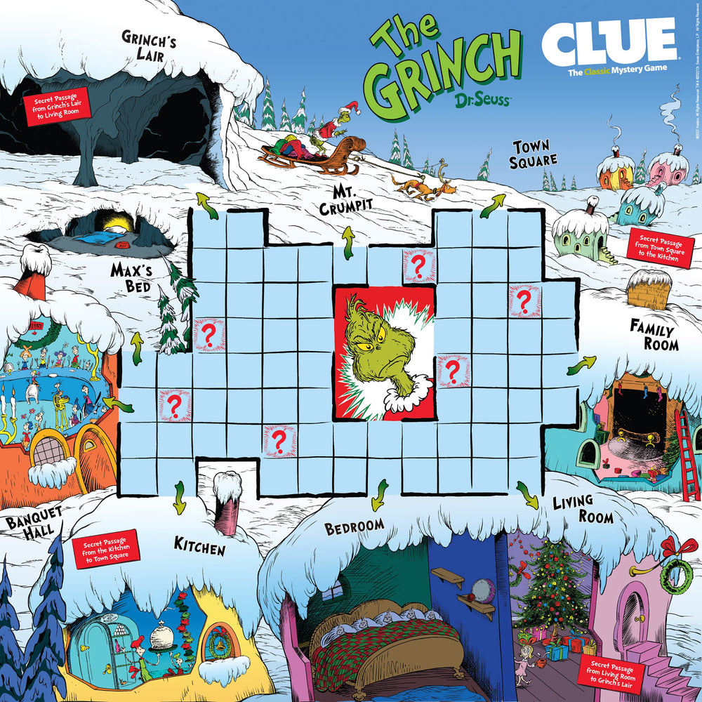 USAOPOLY CLUE Game board illustration festive Whoville setting boosts immersion