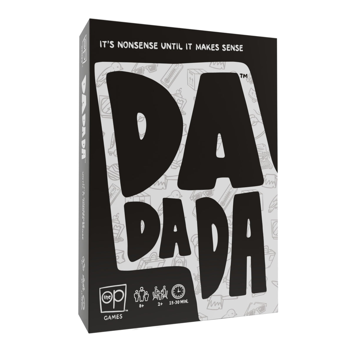 USAOPOLY Dadada box open shows the chaotic party game setup for group fun.