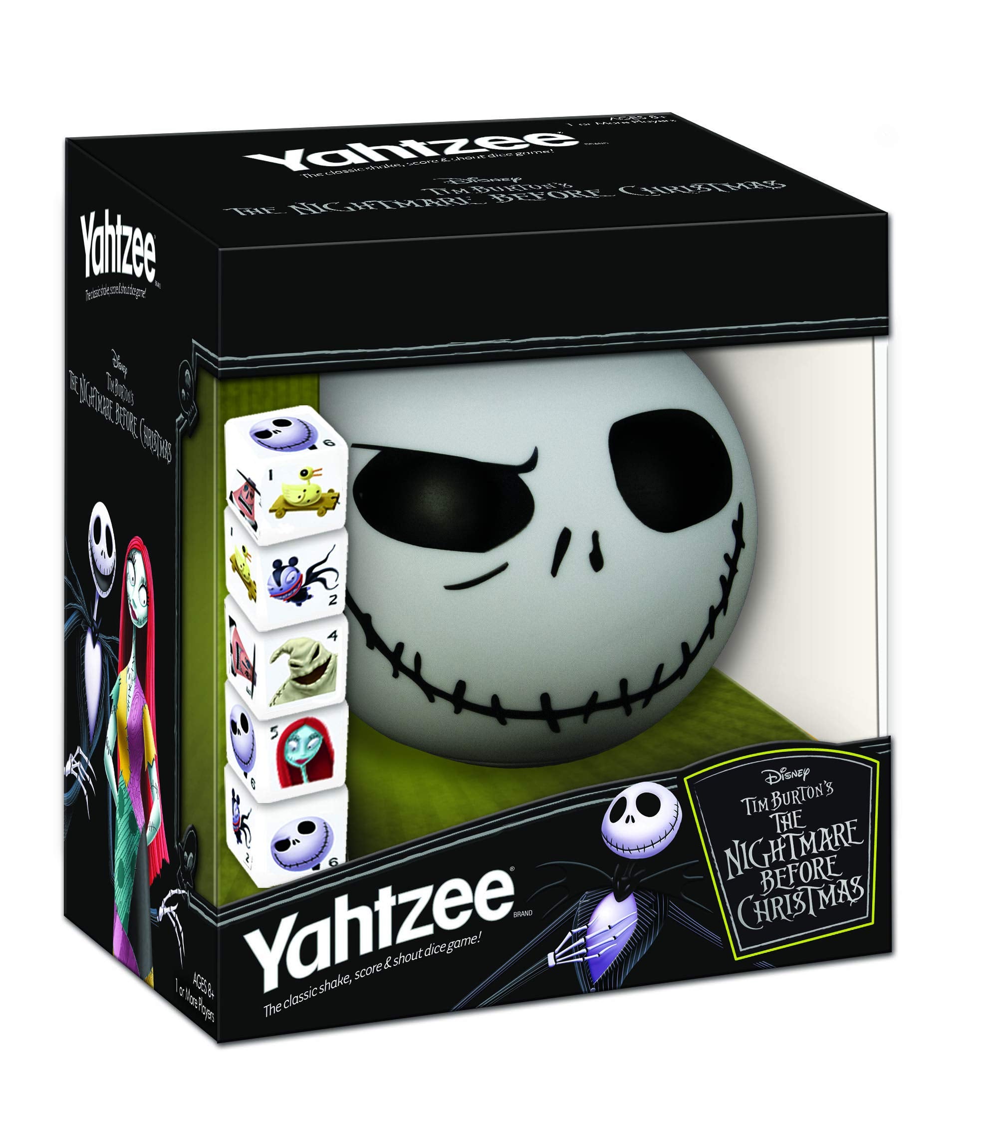 USAOPOLY Disney Yahtzee dice set featuring Jack Skellington icons for family play