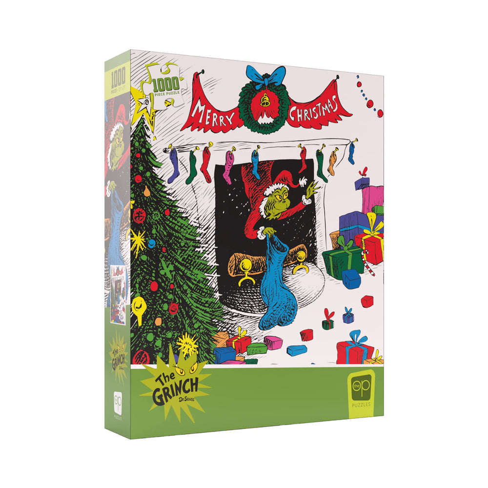USAOPOLY Dr. Seuss Merry Grinchmas puzzle cover with vibrant artwork for family game night.