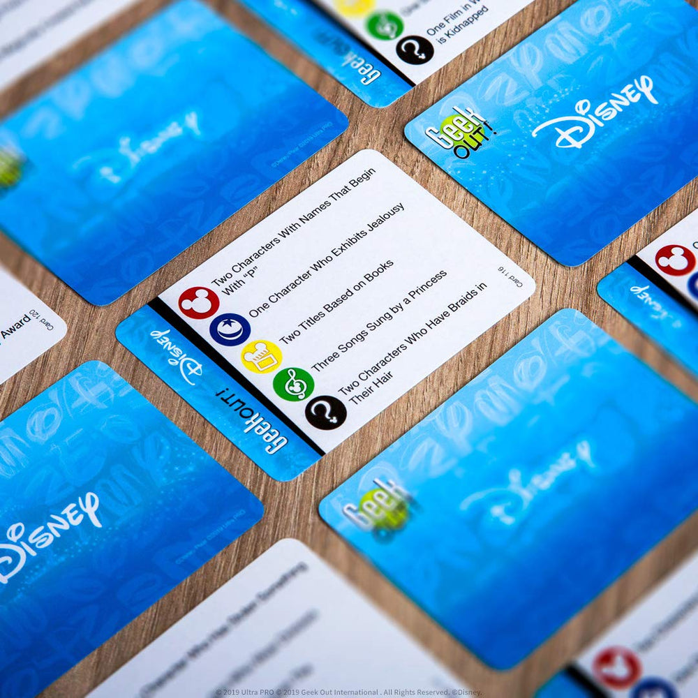 USAOPOLY Geek Out! Disney box showcases vibrant artwork for shelves.