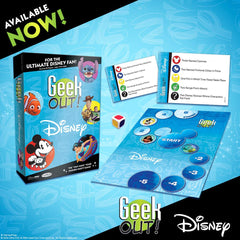 USAOPOLY Geek Out! Disney character art highlights beloved icons during gameplay.