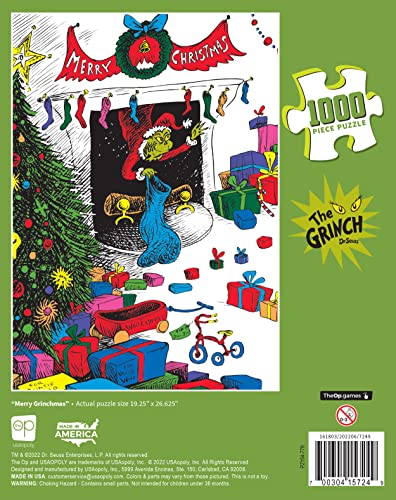 USAOPOLY Grinch stealing a stocking scene, perfect for festive family activity.