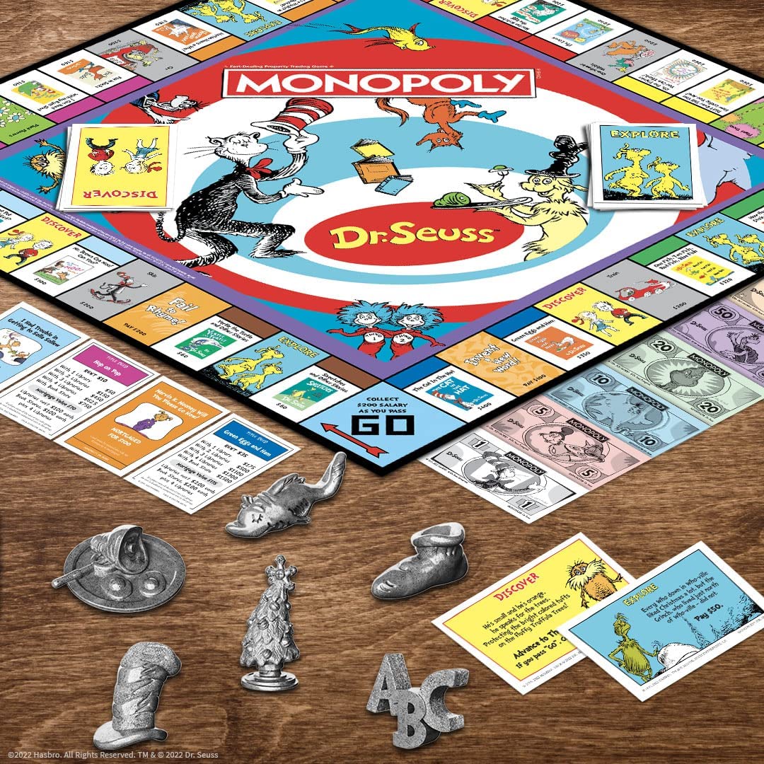 USAOPOLY Monopoly Dr. Seuss title deed cards showcasing beloved book titles