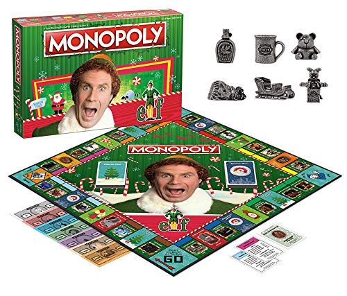 USAOPOLY Monopoly Elf gameboard layout shows familiar locations for nostalgic play.