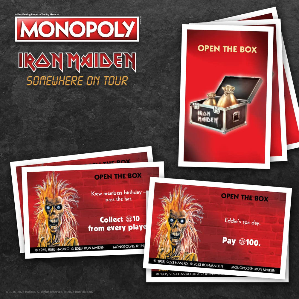 USAOPOLY Monopoly Iron Maiden Open the Box deck features renamed Chance cards