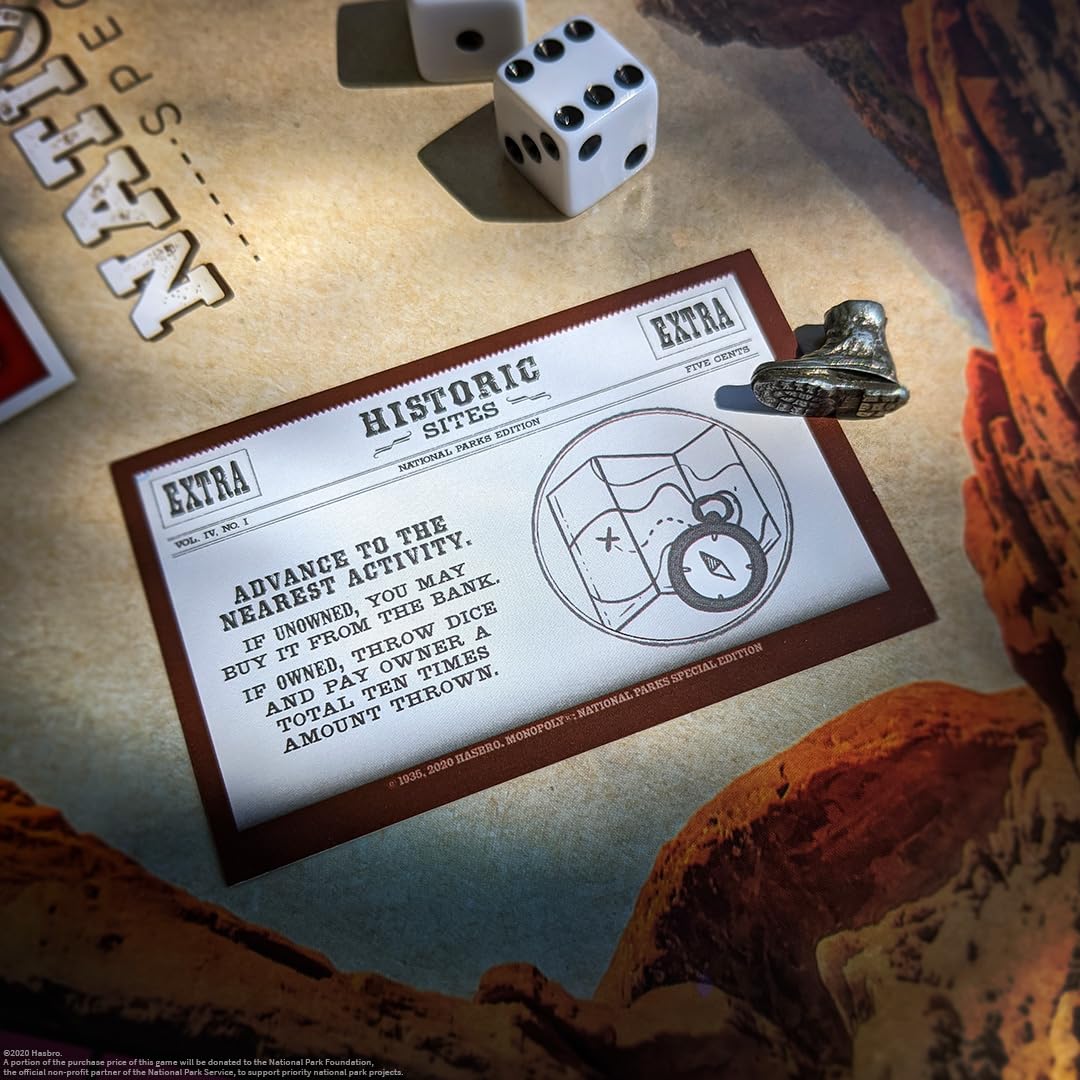 USAopoly Monopoly National Parks dice image emphasizing quick turns for game nights.