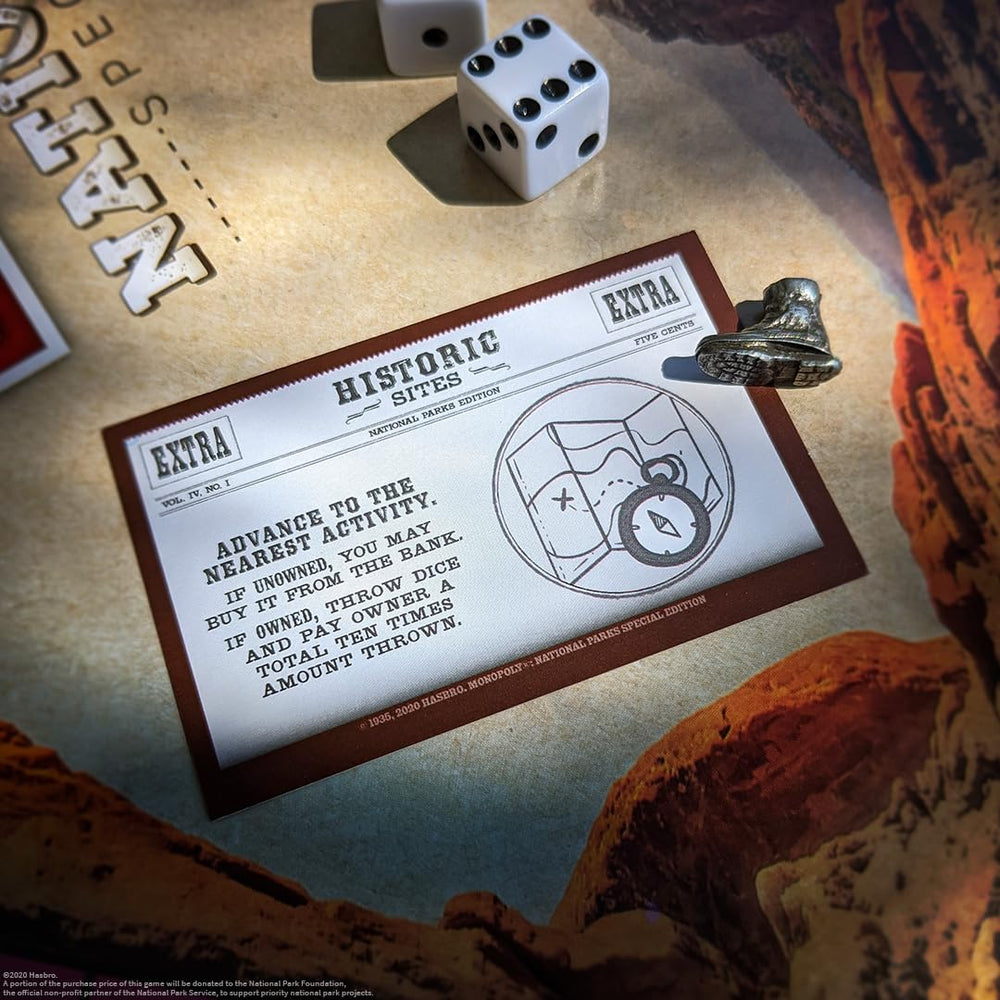 USAopoly Monopoly National Parks dice image emphasizing quick turns for game nights.