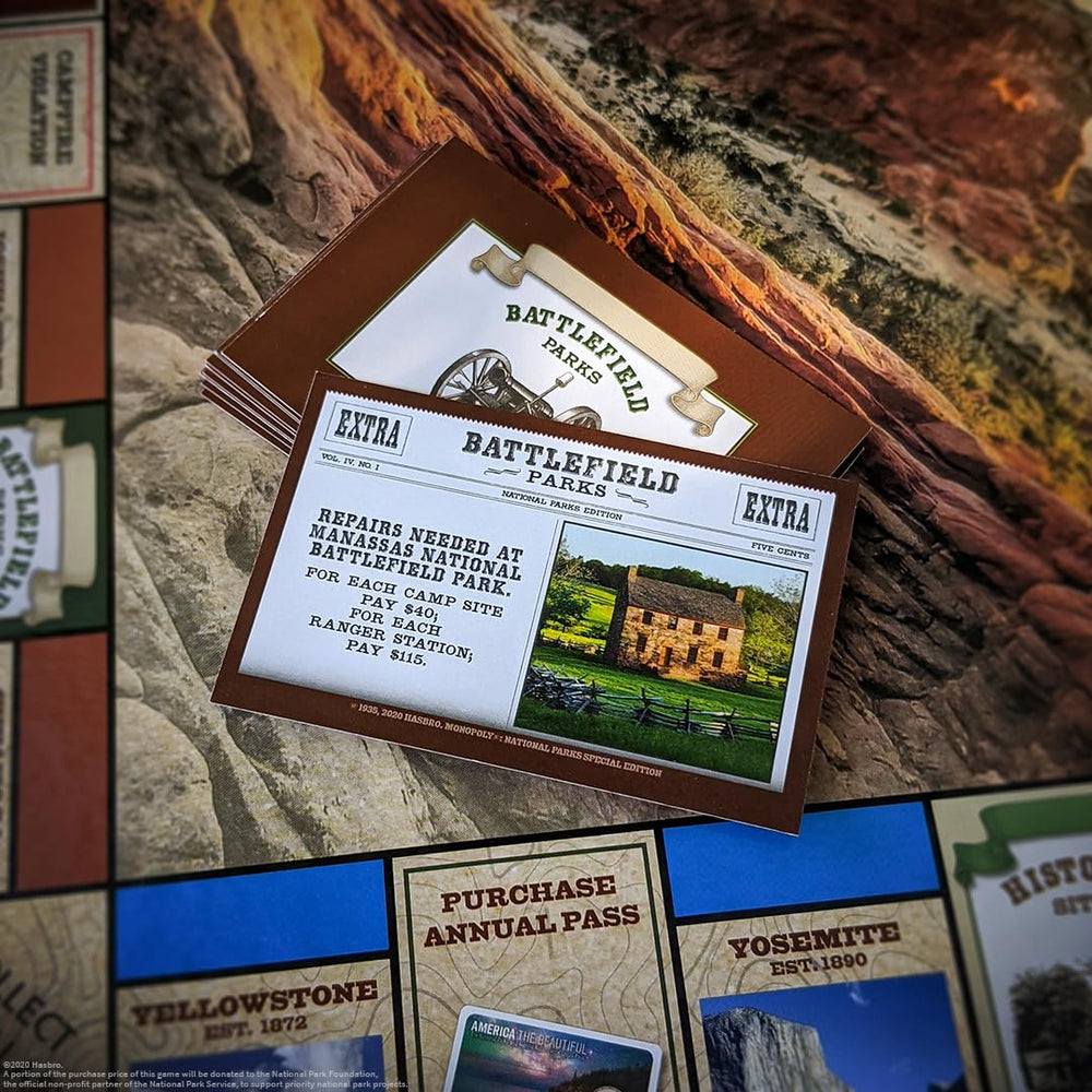 USAopoly Monopoly National Parks scenic art display featuring Grand Canyon and Yellowstone moments.
