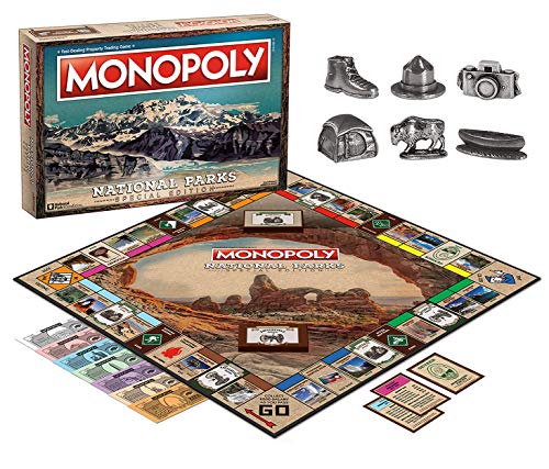 USAopoly Monopoly National Parks tokens show ranger hat and camping gear for immersive play.