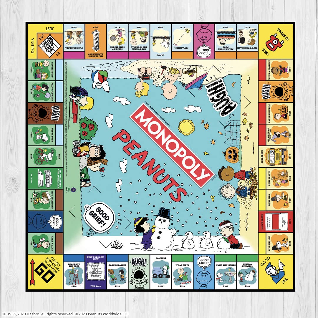 USAOPOLY Monopoly Peanuts Game Board with iconic characters.