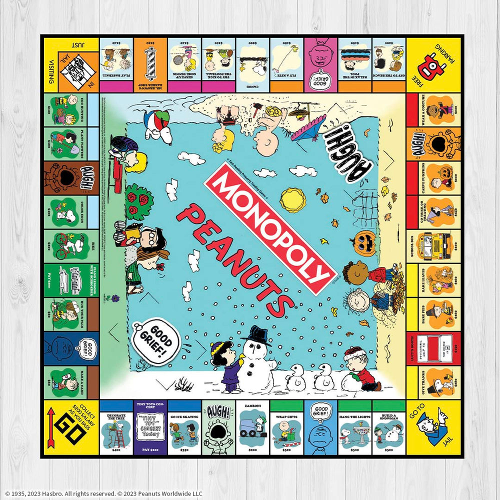 USAOPOLY Monopoly Peanuts Game Board with iconic characters.