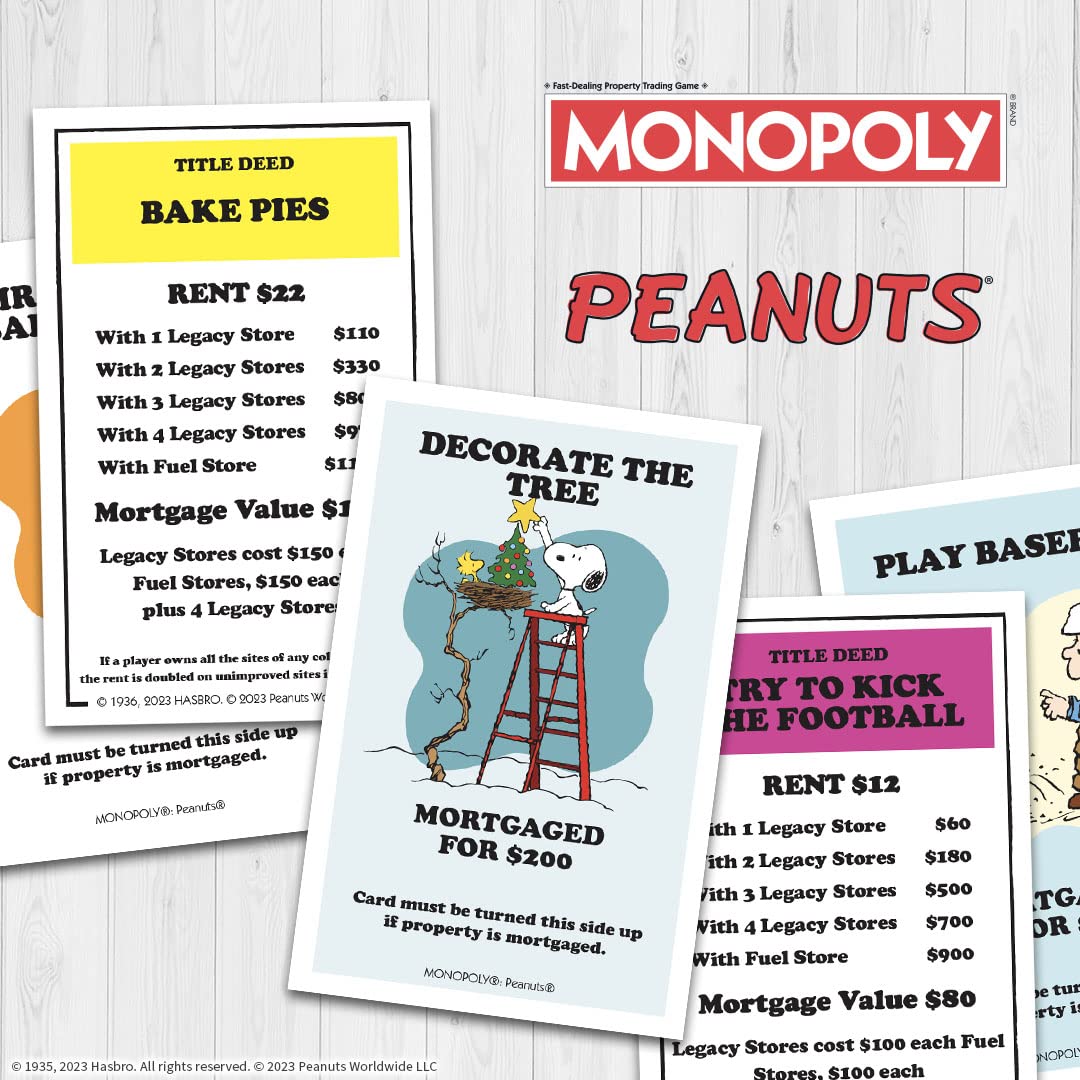 USAOPOLY Monopoly Peanuts Title Deed Cards reflect seasonal themes.