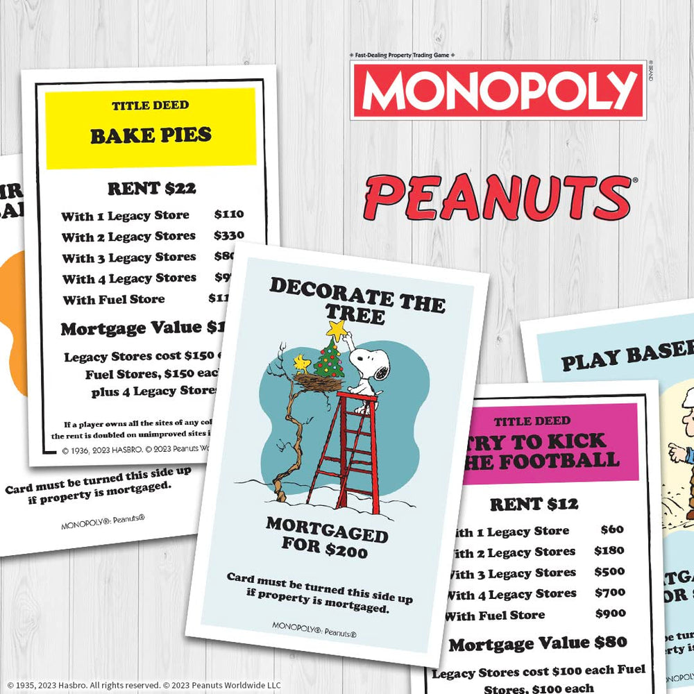 USAOPOLY Monopoly Peanuts Title Deed Cards reflect seasonal themes.