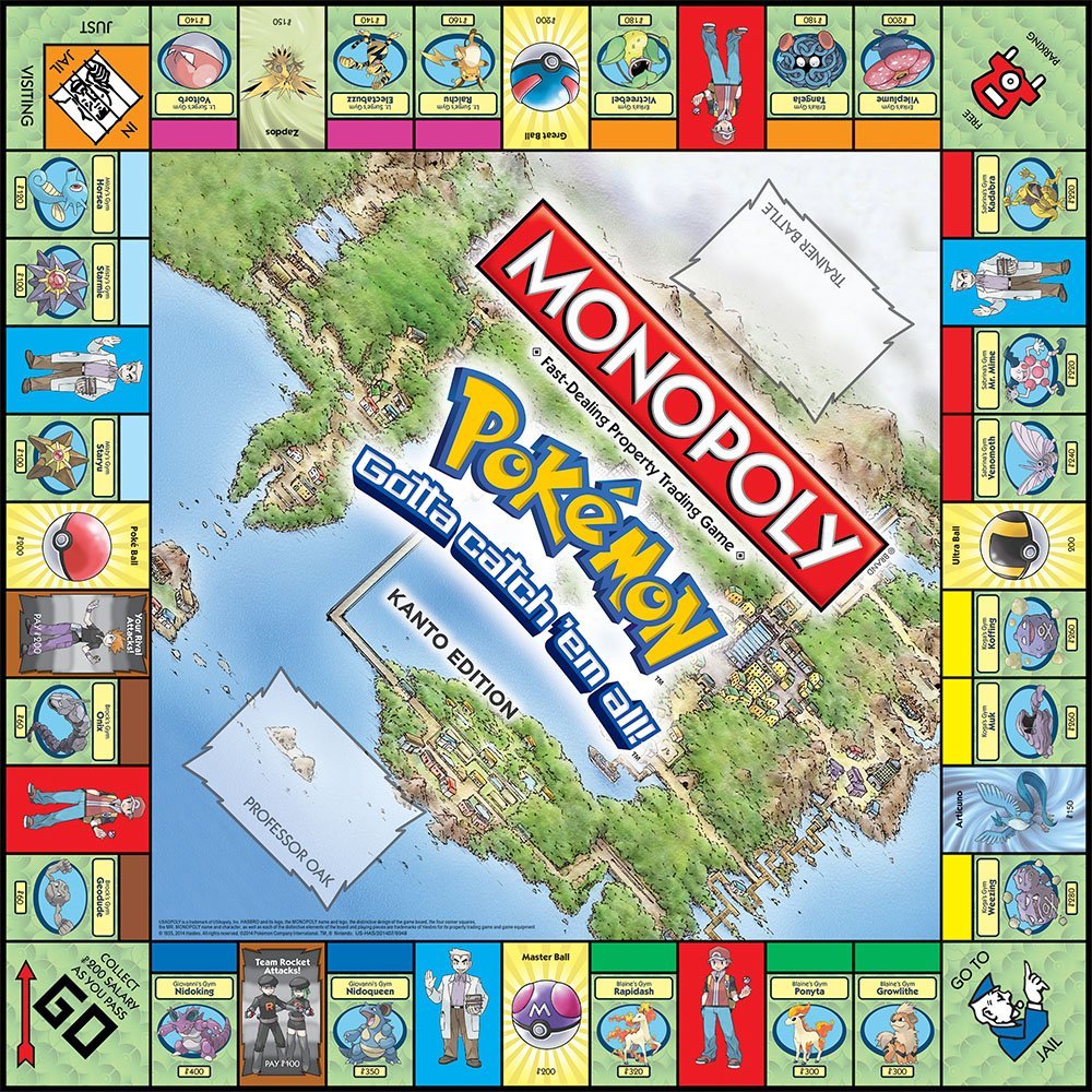 USAOPOLY Pokemon Kanto components feature Poke Marts and Centers for immersive play.