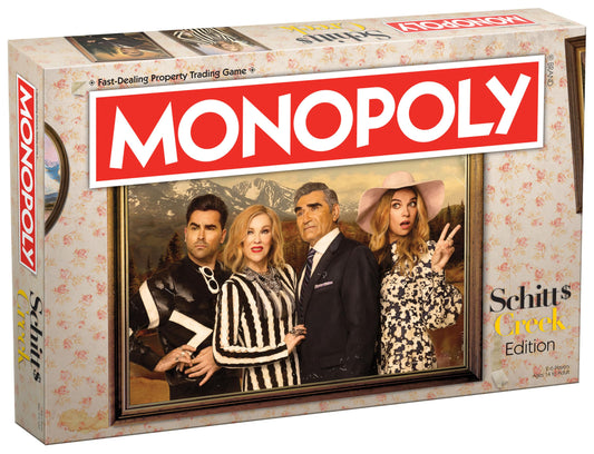 USAOPOLY Monopoly Schitt's Creek board for family game nights with nostalgic locations.