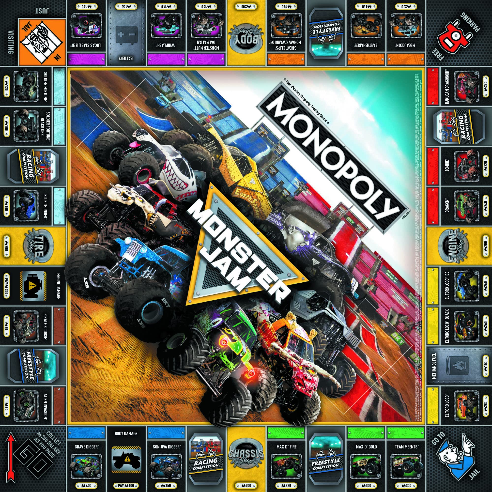 USAOPOLY Monster Jam title deed cards show properties for bidding.